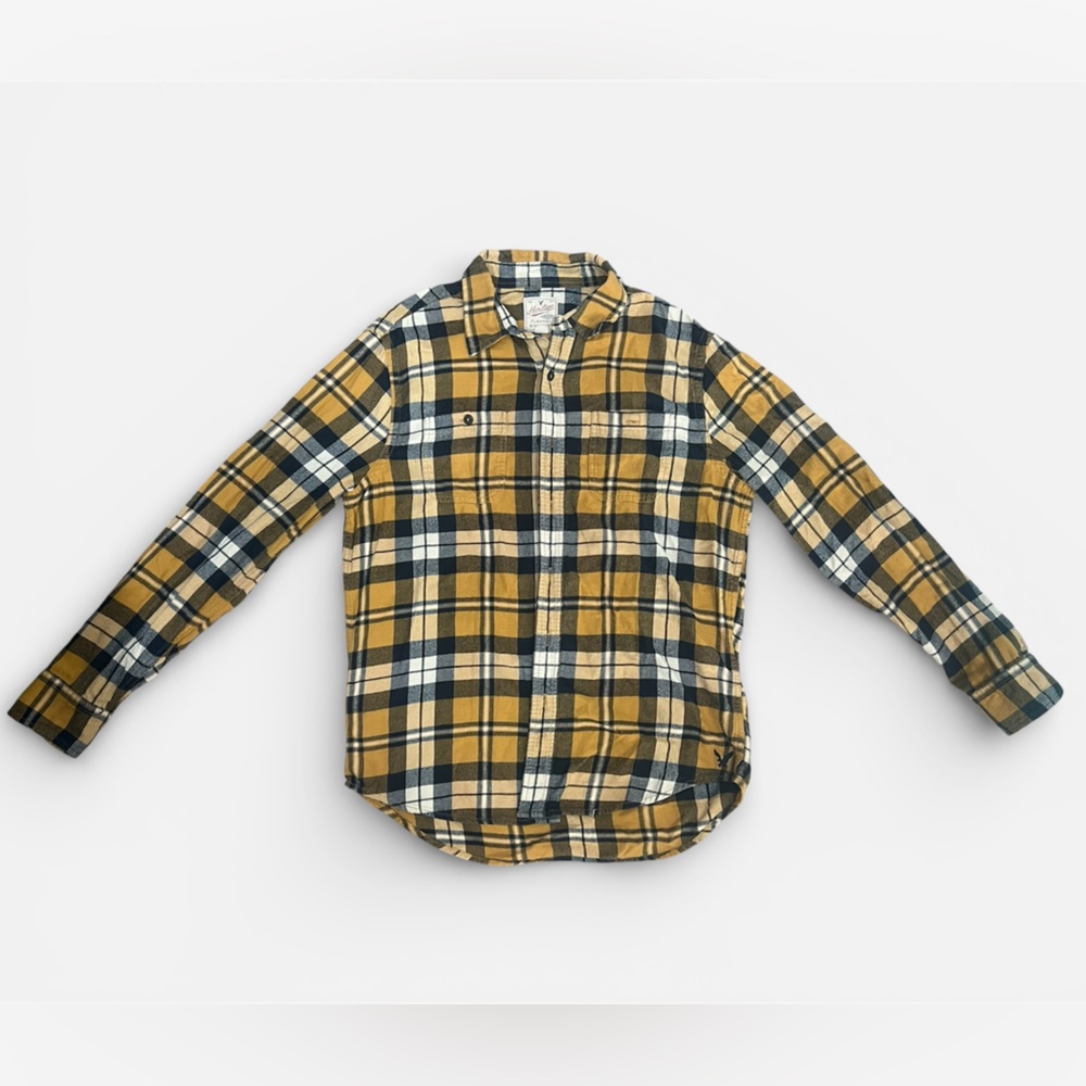American Eagle Outfitters Men's Mustard and Navy Plaid Shirt